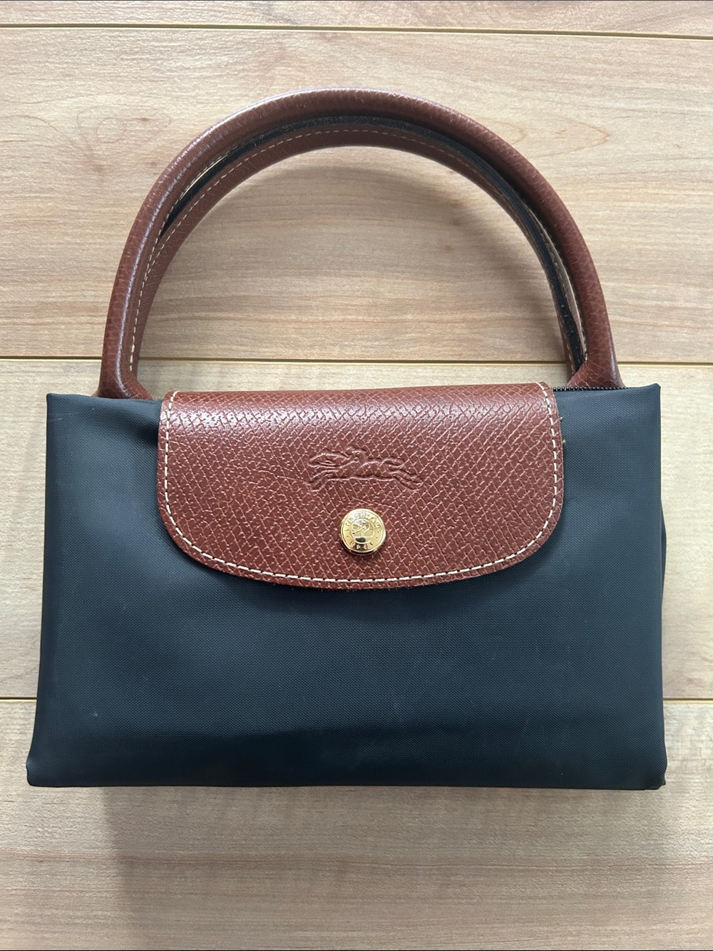 Longchamp Grey Dark Blue Nylon Shoulder Bag with Brown Leather Flap and Handles